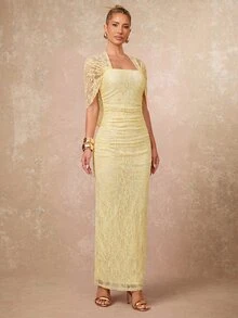 Lumalex Light Yellow Casual Women's Lace Pleated Elegant Dress - Light Yellow - View 7