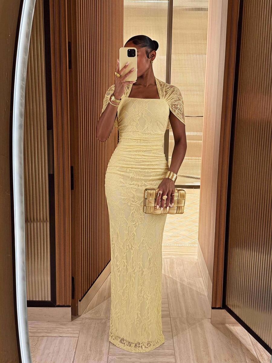 Lumalex Light Yellow Casual Women's Lace Pleated Elegant Dress