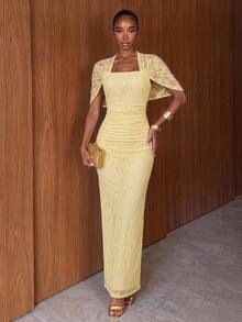 Lumalex Light Yellow Casual Women's Lace Pleated Elegant Dress - Light Yellow - View 5