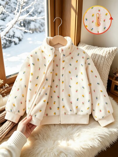 Young Girls Fresh Floral Pattern Plush Zipper Jacket, Suitable For Spring, Autumn, Winter, Daily Casual, Outings, Vacation, Elegant And Cute Outfit
