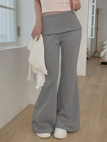 DAZY Celana Panjang Wanita Warna Polos Model Slim Fit Model Flare dengan Lengan Panjang, Kasual untuk Liburan Musim Semi dan Gugur - Grey - View 4