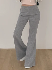 DAZY Celana Panjang Wanita Warna Polos Model Slim Fit Model Flare dengan Lengan Panjang, Kasual untuk Liburan Musim Semi dan Gugur - Grey - View 8