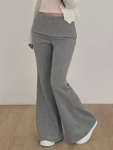 DAZY Celana Panjang Wanita Warna Polos Model Slim Fit Model Flare dengan Lengan Panjang, Kasual untuk Liburan Musim Semi dan Gugur - Grey - View 1