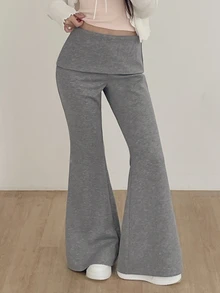 DAZY Celana Panjang Wanita Warna Polos Model Slim Fit Model Flare dengan Lengan Panjang, Kasual untuk Liburan Musim Semi dan Gugur - Grey - View 2