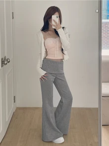 DAZY Celana Panjang Wanita Warna Polos Model Slim Fit Model Flare dengan Lengan Panjang, Kasual untuk Liburan Musim Semi dan Gugur - Grey - View 7