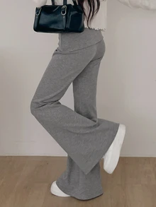 DAZY Celana Panjang Wanita Warna Polos Model Slim Fit Model Flare dengan Lengan Panjang, Kasual untuk Liburan Musim Semi dan Gugur - Grey - View 3