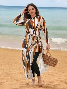SHEIN Swim 大码女式三件套：中长款几何复古印花上衣搭配长网裙和纯色裤子，朴素时尚泳衣套装，适合夏季海滩度假 - 彩色 - 查看 6