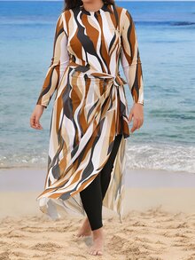 SHEIN Swim 大码女式三件套：中长款几何复古印花上衣搭配长网裙和纯色裤子，朴素时尚泳衣套装，适合夏季海滩度假 - 彩色 - 查看 4