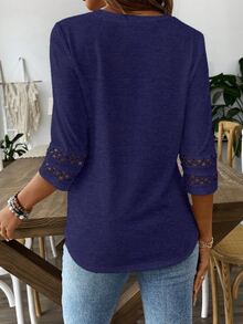 EMERY ROSE Women Solid Color Casual Crew Neck Hollow Out Sleeve Tee Graphic Tees Women Tops - Navy Blue - View 2