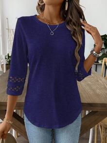 EMERY ROSE Women Solid Color Casual Crew Neck Hollow Out Sleeve Tee Graphic Tees Women Tops - Navy Blue - View 3