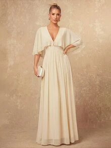 Lumalex Women's Apricot Chiffon Deep V-Neck Short Sleeve  Elegant Dress Party Cocktail Formal Occasion Party Wedding Bridesmaid Birthday Apricot Dress - Apricot - View 8