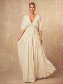 Lumalex Women's Apricot Chiffon Deep V-Neck Short Sleeve  Elegant Dress Party Cocktail Formal Occasion Party Wedding Bridesmaid Birthday Apricot Dress - Apricot - View 6