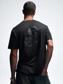 NobleFwd Men's Vintage Casual Black Rose Print Short Sleeve T-Shirt, Summer - Black - View 4