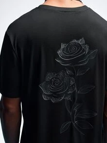 NobleFwd Men's Vintage Casual Black Rose Print Short Sleeve T-Shirt, Summer - Black - View 11