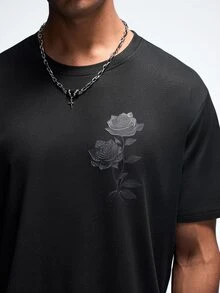 NobleFwd Men's Vintage Casual Black Rose Print Short Sleeve T-Shirt, Summer - Black - View 6