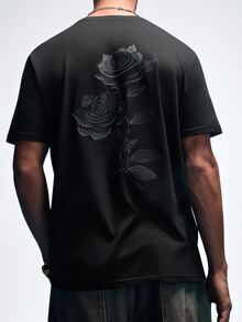 NobleFwd Men's Vintage Casual Black Rose Print Short Sleeve T-Shirt, Summer - Black - View 1