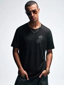 NobleFwd Men's Vintage Casual Black Rose Print Short Sleeve T-Shirt, Summer - Black - View 8