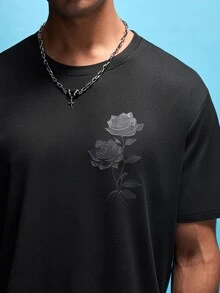 NobleFwd Men's Vintage Casual Black Rose Print Short Sleeve T-Shirt, Summer - Black - View 13