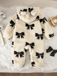 SHEIN Baju Terusan Musim Dingin Bayi Perempuan Rajut Motif Pita dengan Tudung Bulu Imitasi - Hitam dan Putih - View 2