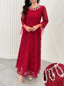Al Najma 女款網格拼接休閒派對阿拉伯風洋裝 - 酒紅色 - 查看 4