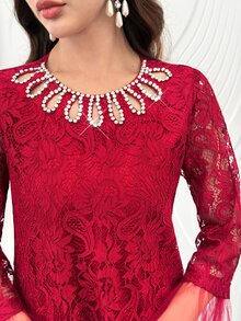 Al Najma 女款網格拼接休閒派對阿拉伯風洋裝 - 酒紅色 - 查看 8
