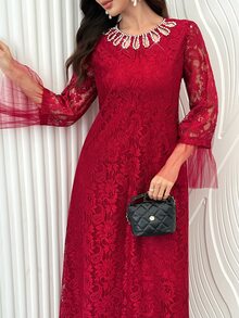Al Najma 女款網格拼接休閒派對阿拉伯風洋裝 - 酒紅色 - 查看 6