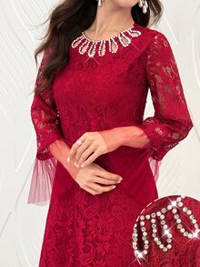 Al Najma 女款網格拼接休閒派對阿拉伯風洋裝 - 酒紅色 - 查看 2