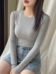 DAZY Women's Solid Color Round Neck Long Sleeve Fitted Ribbed T-Shirt - Grey - View 4
