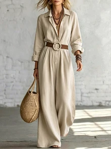 SHEIN Autumn Bohemian Shirt Collar Linen Blend Women Jumpsuit Button Front Long Sleeve Wide Leg Romper For Holiday Casual Outing Loose Breathable Outfit - Apricot - View 6