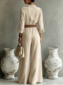SHEIN Autumn Bohemian Shirt Collar Linen Blend Women Jumpsuit Button Front Long Sleeve Wide Leg Romper For Holiday Casual Outing Loose Breathable Outfit - Apricot - View 3