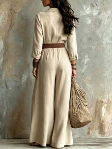 SHEIN Autumn Bohemian Shirt Collar Linen Blend Women Jumpsuit Button Front Long Sleeve Wide Leg Romper For Holiday Casual Outing Loose Breathable Outfit - Apricot - View 4