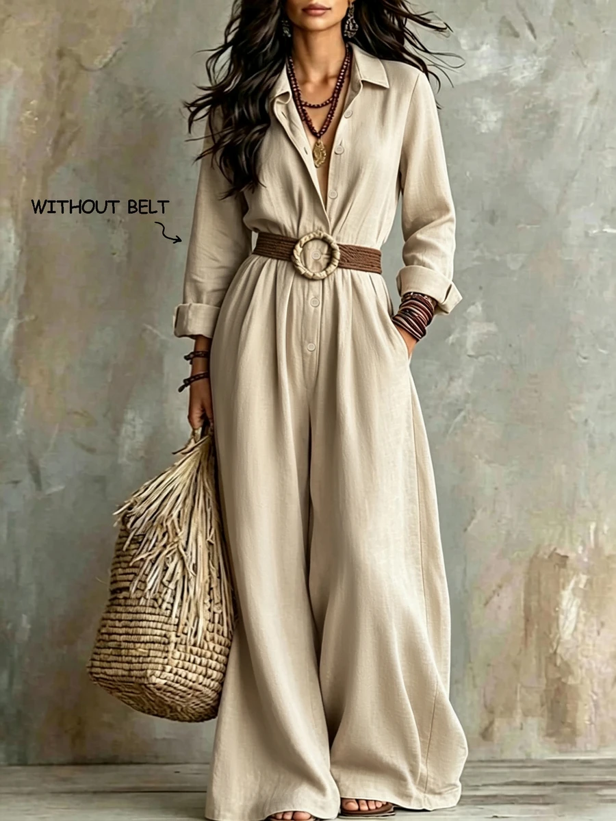 SHEIN Autumn Bohemian Shirt Collar Linen Blend Women Jumpsuit Button Front Long Sleeve Wide Leg Romper For Holiday Casual Outing Loose Breathable Outfit