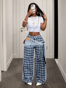 SHEIN PETITE 女款格紋打結設計寬腿時尚牛仔褲，適合嬌小女性 - 藍色 - 查看 6