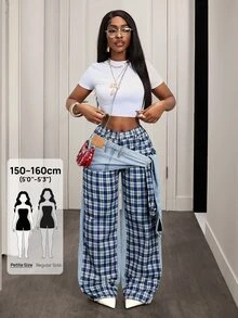 SHEIN PETITE 女款格紋打結設計寬腿時尚牛仔褲，適合嬌小女性 - 藍色 - 查看 1