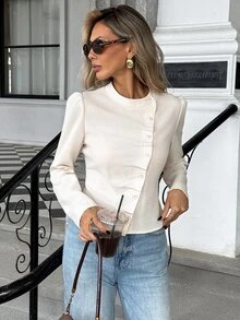 SHEIN PariChic Women's Solid Color Stand Collar Puff Long Sleeve Button Shirt Teachers' Day Brunch Office Off-White Autumn French Elegant - Apricot - View 6