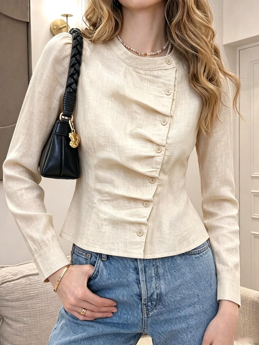 SHEIN PariChic Women's Solid Color Stand Collar Puff Long Sleeve Button Shirt Teachers' Day Brunch Office Off-White Autumn French Elegant - Apricot - View 1
