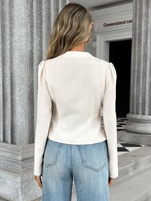 SHEIN PariChic Women's Solid Color Stand Collar Puff Long Sleeve Button Shirt Teachers' Day Brunch Office Off-White Autumn French Elegant - Apricot - View 2