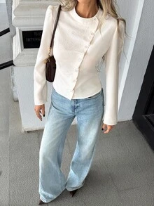 SHEIN PariChic Women's Solid Color Stand Collar Puff Long Sleeve Button Shirt Teachers' Day Brunch Office Off-White Autumn French Elegant - Apricot - View 3