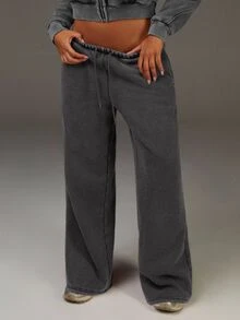 Athîral Women's Drawstring Waist Pockets Wide Leg Loose Sweatpants - Light Grey - View 1