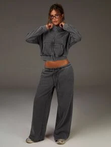Athîral Women's Drawstring Waist Pockets Wide Leg Loose Sweatpants - Light Grey - View 5