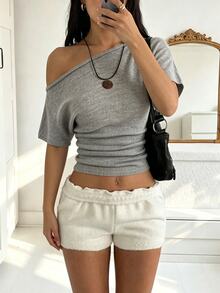 SHEIN Holidaya Women's Elegant Sexy Casual Floral Grey Asymmetric Shoulder Ruched Fitted Knit Sweater Top Going Out Summer - Grey - View 4