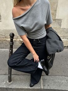 SHEIN Holidaya Women's Elegant Sexy Casual Floral Grey Asymmetric Shoulder Ruched Fitted Knit Sweater Top Going Out Summer - Grey - View 6
