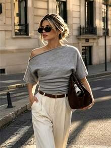 SHEIN Holidaya Women's Elegant Sexy Casual Floral Grey Asymmetric Shoulder Ruched Fitted Knit Sweater Top Going Out Summer - Grey - View 5