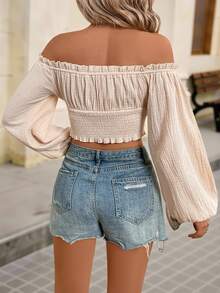 Brillora Off Shoulder Frill Trim Lantern Sleeve Crop Blouse For Summer Vacation,Long Sleeve Tops - Khaki - View 2