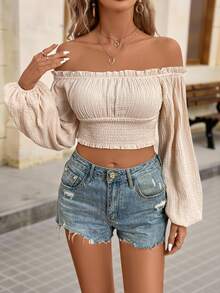 Brillora Off Shoulder Frill Trim Lantern Sleeve Crop Blouse For Summer Vacation,Long Sleeve Tops - Khaki - View 3