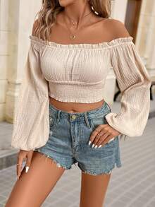 Brillora Off Shoulder Frill Trim Lantern Sleeve Crop Blouse For Summer Vacation,Long Sleeve Tops - Khaki - View 5