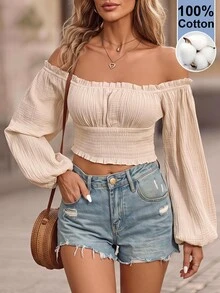 Brillora Off Shoulder Frill Trim Lantern Sleeve Crop Blouse For Summer Vacation,Long Sleeve Tops - Khaki - View 1