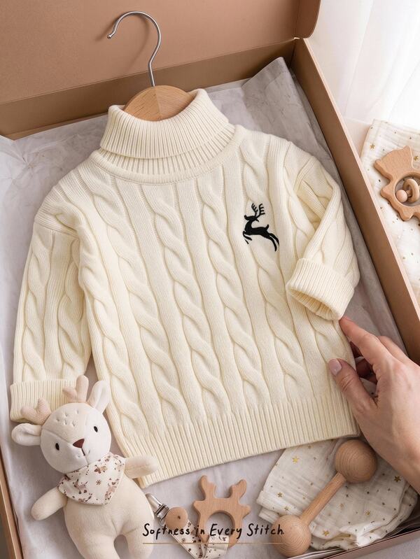Cozy Pixies Baby meisje baby jongen unisex hertenpatroon hoge hals kabelbrei lange mouwen pullover trui zacht veelzijdig comfortabel geschikt voor herfst/winter