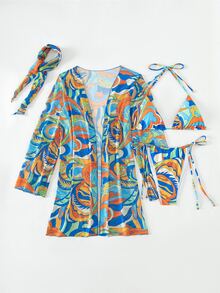 BamGleam 泳衣女式夏季海滩全身印花吊带三角比基尼套装带和服 - 彩色 - 查看 5