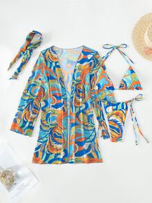 BamGleam 泳衣女式夏季海滩全身印花吊带三角比基尼套装带和服 - 彩色 - 查看 7